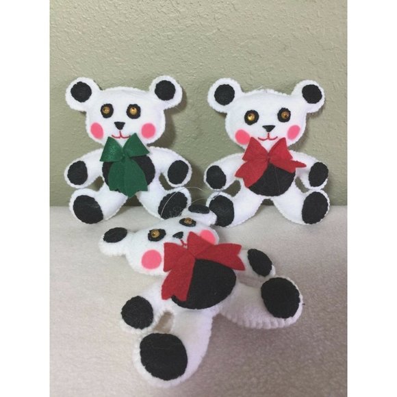 VTG Handmade white panda Felt Teddy‎ Bear set of 3 Christmas Ornaments retro - Picture 1 of 3